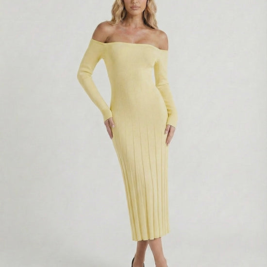 Solara Midi Dress by Lauven in soft yellow, featuring an elegant off-shoulder style and ribbed knit fabric.