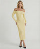 Solara Midi Dress by Lauven in soft yellow, featuring an elegant off-shoulder style and ribbed knit fabric.