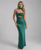 Verde Maxi Dress by Lauven, luxurious emerald satin gown with strapless neckline and unique chest wrapping rose detail.