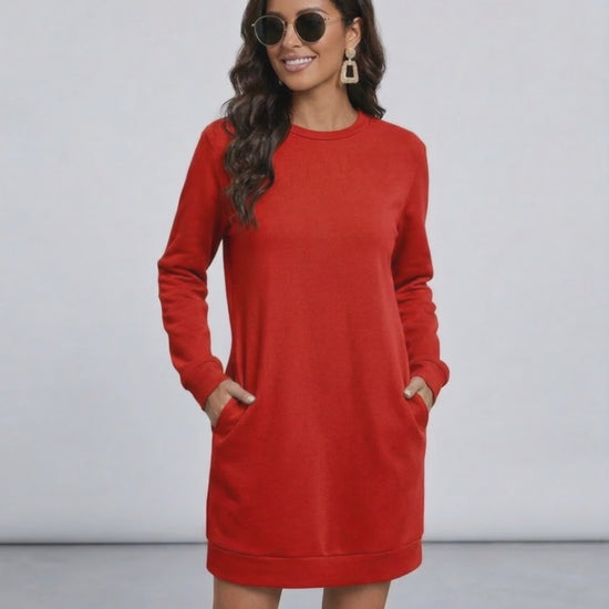 Ruby Mini Dress from Lauven, casual red sweatshirt dress with pockets, long sleeves and relaxed fit.