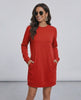 Ruby Mini Dress from Lauven, casual red sweatshirt dress with pockets, long sleeves and relaxed fit.