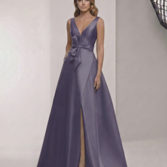 Veloura Maxi Dress - Satin A-Line Blue Maxi Dress with V-Neck, Bow Detail by Lauven, elegant and refined.