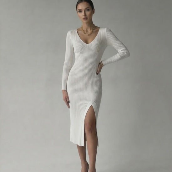 Elara Midi Dress by Lauven, elegant ribbed knit V-neck pencil dress in white with a thigh slit.
