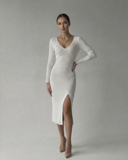 Elara Midi Dress by Lauven, elegant ribbed knit V-neck pencil dress in white with a thigh slit.
