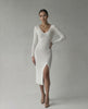 Elara Midi Dress by Lauven, elegant ribbed knit V-neck pencil dress in white with a thigh slit.