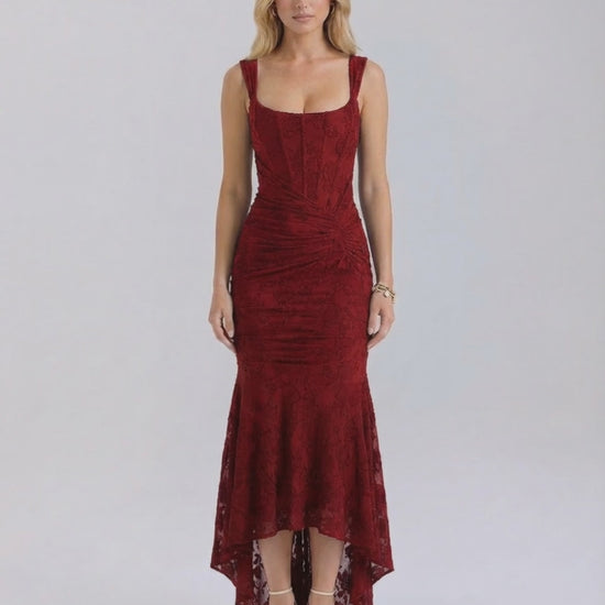 Crimson Maxi Dress by Lauven, featuring square neckline and pleated fish tail hem in deep red.