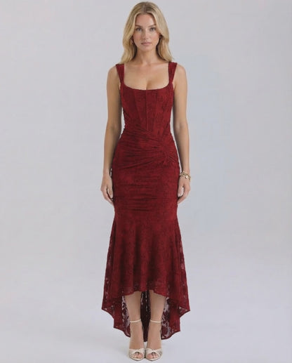 Crimson Maxi Dress by Lauven, featuring square neckline and pleated fish tail hem in deep red.