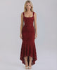 Crimson Maxi Dress by Lauven, featuring square neckline and pleated fish tail hem in deep red.