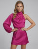 Olivia Mini Dress by Lauven, featuring a bold one-shoulder design and asymmetrical silhouette in vibrant magenta.