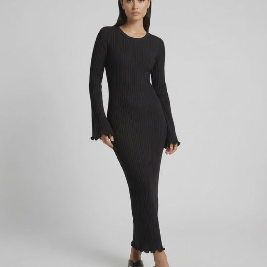 Celeste Maxi Dress by Lauven, elegant ribbed knit midi dress with ruffle sleeves in sleek black.