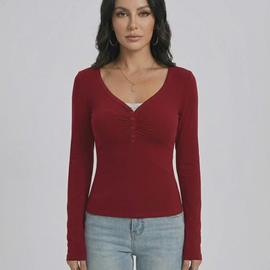 Sienna Pullover by Lauven - Women’s Slim Fit V-Neck Long Sleeve Pullover in red with button detail.
