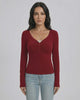 Sienna Pullover by Lauven - Women’s Slim Fit V-Neck Long Sleeve Pullover in red with button detail.