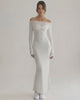 Luna Maxi Dress featuring an elegant off-shoulder neckline, full sleeves, and a smooth white silhouette by Lauven.