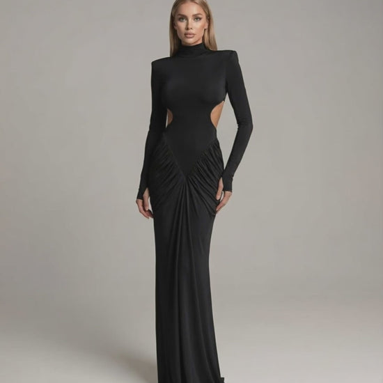 Noir Maxi Dress by Lauven featuring high neck, long sleeves, ruched open back design for elegant evening wear.