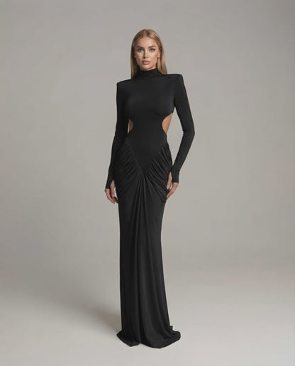 Noir Maxi Dress by Lauven featuring high neck, long sleeves, ruched open back design for elegant evening wear.