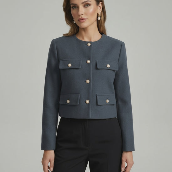 Marina Jacket by Lauven - Elegant wool blend jacket in slate blue with gold button details.