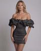 Monaco Maxi Dress - Black satin off shoulder dress with ruffle detail by Lauven, showcasing elegant structured fit.
