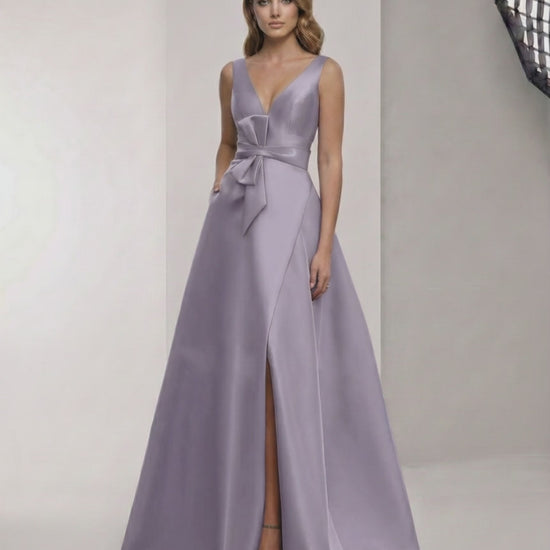 Lirienne Maxi Dress: Satin lavender A-line gown with V-neck, bow detail, and elegant silhouette by Lauven.