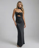 Noir Maxi Dress by Lauven, sleek black satin fit and flare evening gown with a strapless neckline and rose detail.