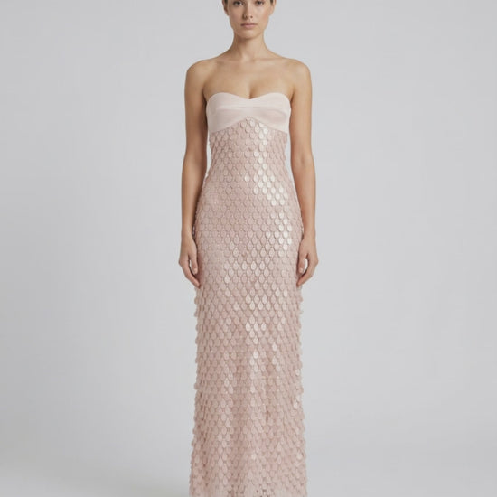 Elara Maxi Dress - Blush Pink Sequin Dress with Strapless Satin Bodice by Lauven, perfect for a modern evening look.