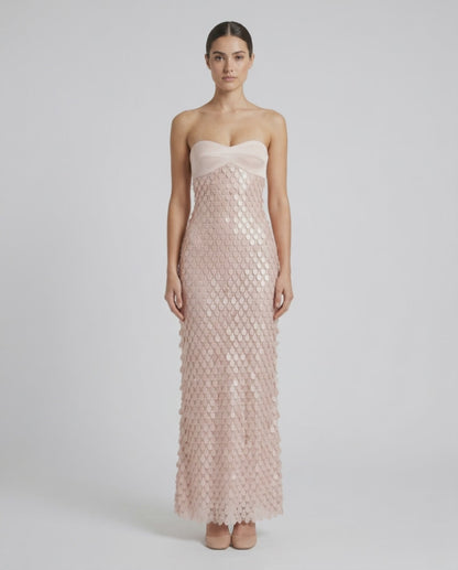 Elara Maxi Dress - Blush Pink Sequin Dress with Strapless Satin Bodice by Lauven, perfect for a modern evening look.