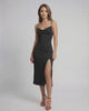 Nova Midi Dress featuring sleek cowl neck, side slit, and tie-straps from Lauven, perfect for elegant occasions.