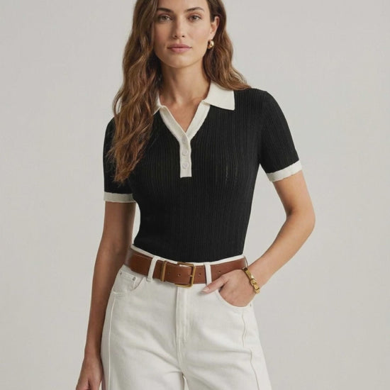 Siena Polo Shirt by Lauven - Women's black cotton knit polo shirt with contrast trim, perfect for modern wardrobes.