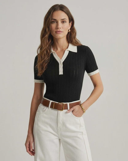 Siena Polo Shirt by Lauven - Women's black cotton knit polo shirt with contrast trim, perfect for modern wardrobes.