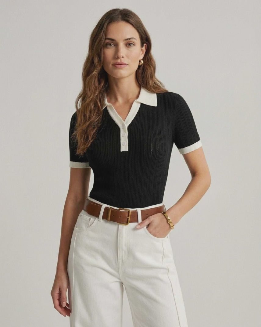 Siena Polo Shirt by Lauven - Women's black cotton knit polo shirt with contrast trim, perfect for modern wardrobes.