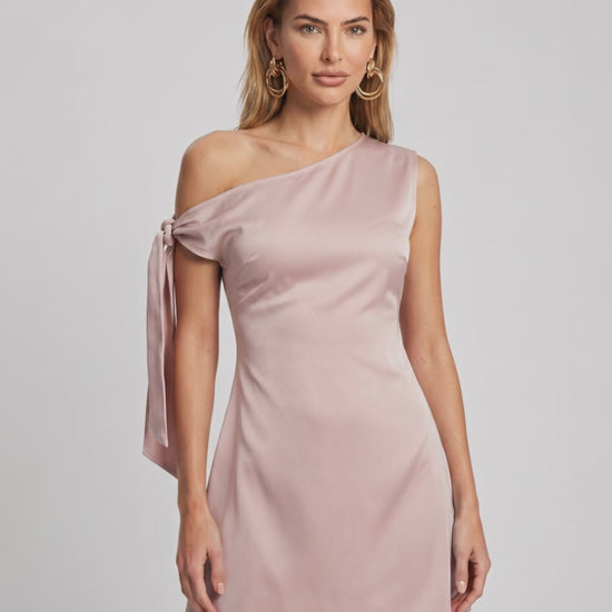 Veloura Mini Dress with asymmetric neckline, satin finish, versatile and lightweight, by Lauven.