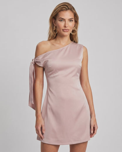 Veloura Mini Dress with asymmetric neckline, satin finish, versatile and lightweight, by Lauven.
