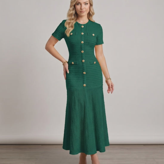 Aureline Maxi Dress by Lauven, textured knit, round neck, green flared hem, elegant fit for modern wardrobes.