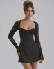 Noire Lace Dress by Lauven – Black mini dress with lace sleeves and square neck, showcasing modern femininity.