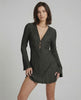 Noir Mini Dress by Lauven – Pleated long sleeve mini dress in classic black with deep V-neckline.