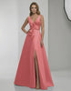 Valencia Maxi Dress featuring a coral satin finish, A-line silhouette, deep V-neck, and elegant floor-length design by Lauven.