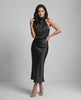 Orion Midi Dress - Elegant satin halter neck gown by Lauven with a sleek silhouette, perfect for refined occasions.