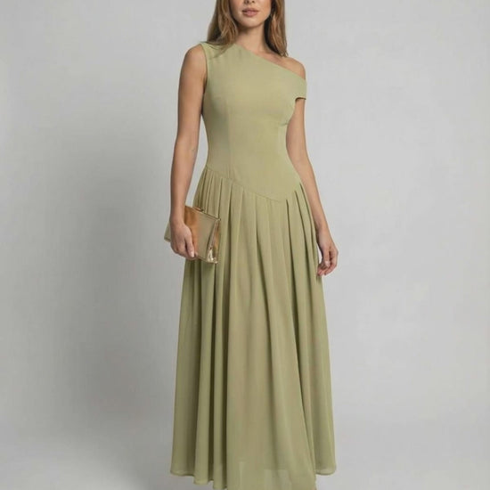 Sienna Maxi Dress in sage green, one shoulder style with A-line silhouette by Lauven, offering elegant and graceful movement.