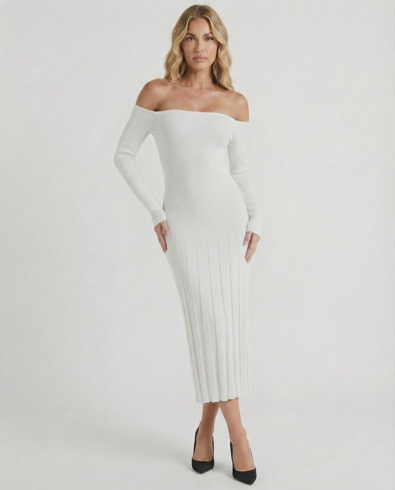 Nova Midi Dress by Lauven, elegant off-shoulder white ribbed knit dress, perfect for stylish occasions.