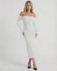 Nova Midi Dress by Lauven, elegant off-shoulder white ribbed knit dress, perfect for stylish occasions.