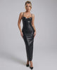 Raven Midi Dress - Black faux leather bodycon dress showcasing a sleek silhouette by Lauven for modern glamour.