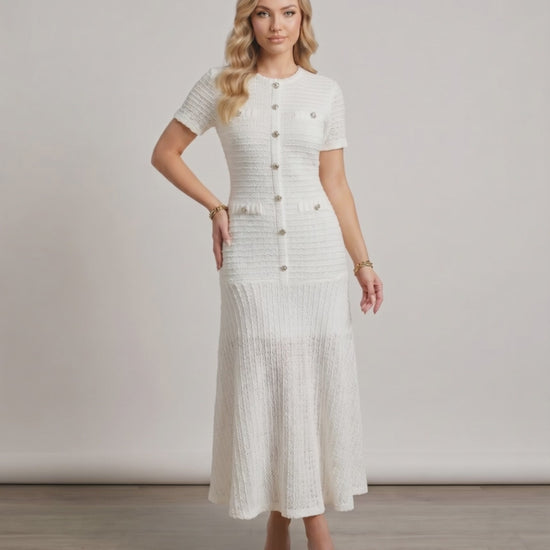 Aureline Maxi Dress, textured knit, round neck, refined silhouette, Lauven brand, elegant, modern style.