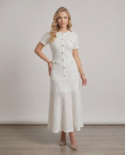 Aureline Maxi Dress, textured knit, round neck, refined silhouette, Lauven brand, elegant, modern style.