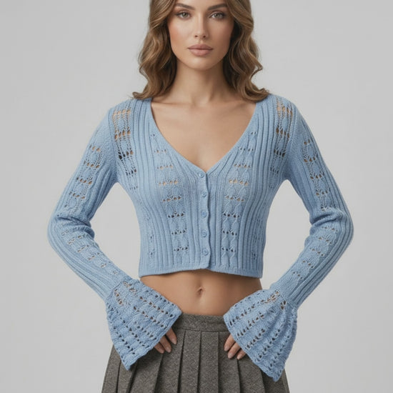 Oberon Cardigan Blue Cropped Sweater with openwork knit texture by Lauven, perfect for versatile seasonal styling.