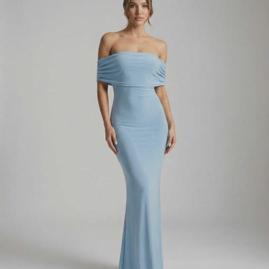Luna Maxi Dress by Lauven, off-shoulder light blue dress with sleek silhouette and elegant ruched details.