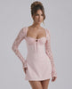 Liora Lace Dress by Lauven: Pink Lace Sleeve Mini Dress with Square Neck and A-line shape.