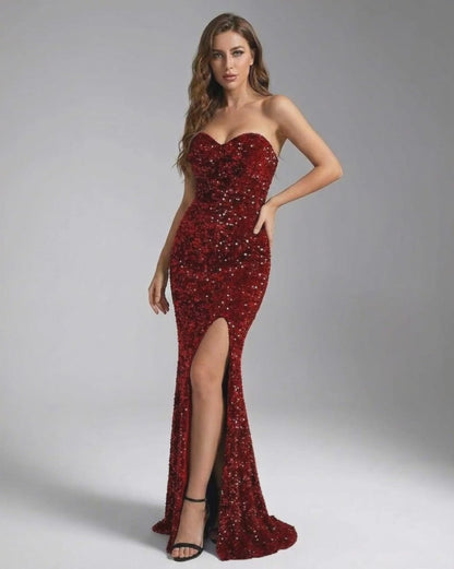 Valencia Maxi Dress by Lauven - Red Sequin Strapless Bodycon Maxi Dress showcasing a high slit and shimmering details.