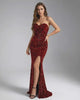 Valencia Maxi Dress by Lauven - Red Sequin Strapless Bodycon Maxi Dress showcasing a high slit and shimmering details.