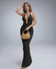 Lunara Maxi Dress in textured polyester blend, halter v-neck, showcasing a modern silhouette by Lauven.