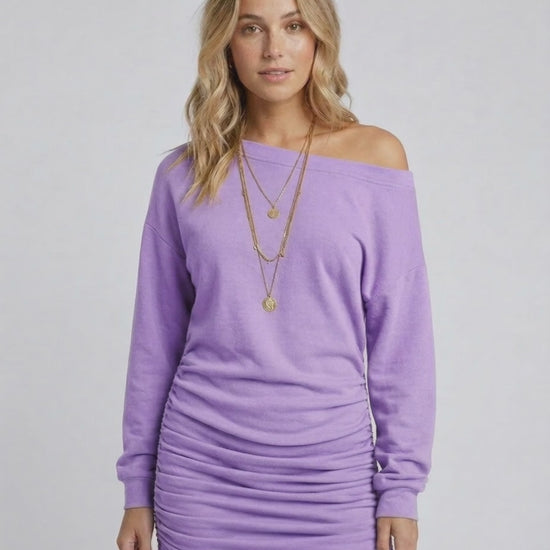 Lilac Mini Dress by Lauven featuring gathered drawstrings and a relaxed fit.