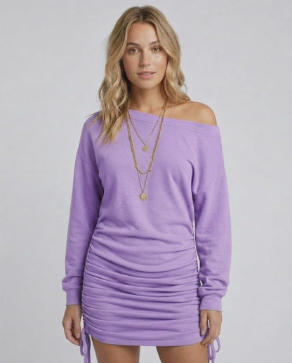 Lilac Mini Dress by Lauven featuring gathered drawstrings and a relaxed fit.